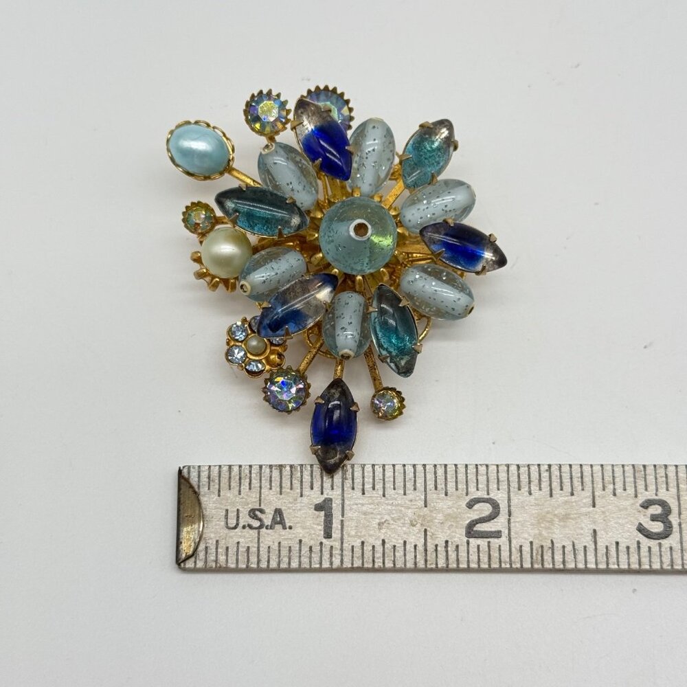 Vintage Judy Lee Art Glass Blue Spray Flower Brooch Pin READ - Picture 10 of 11